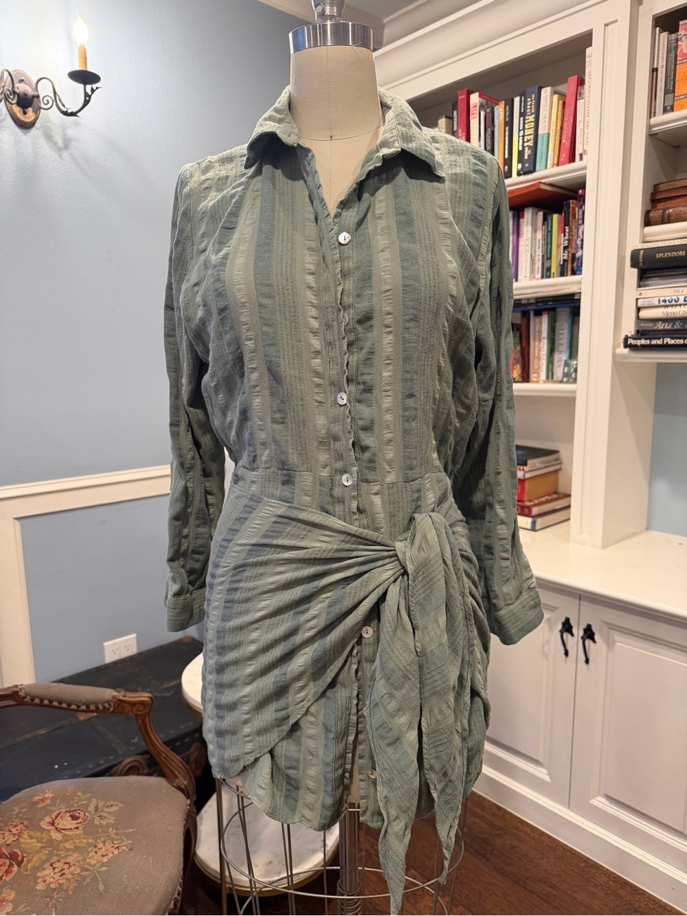 Zara Sage Green Button-Front Casual Tie-Waist Shirt